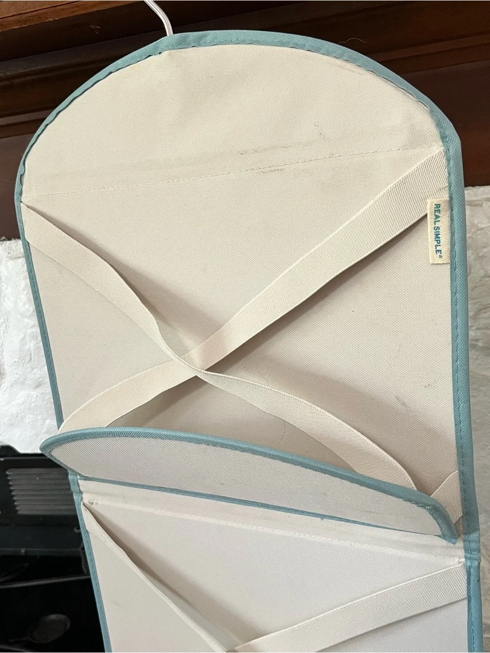 Real Simple Hanging Fabric Purse Handbag Organizer - Cream with Light Blue Trim